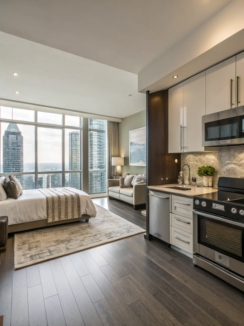 A brightly lit, professionally cleaned condo living room in Toronto, staged for Airbnb guests, showcasing a modern and inviting space.