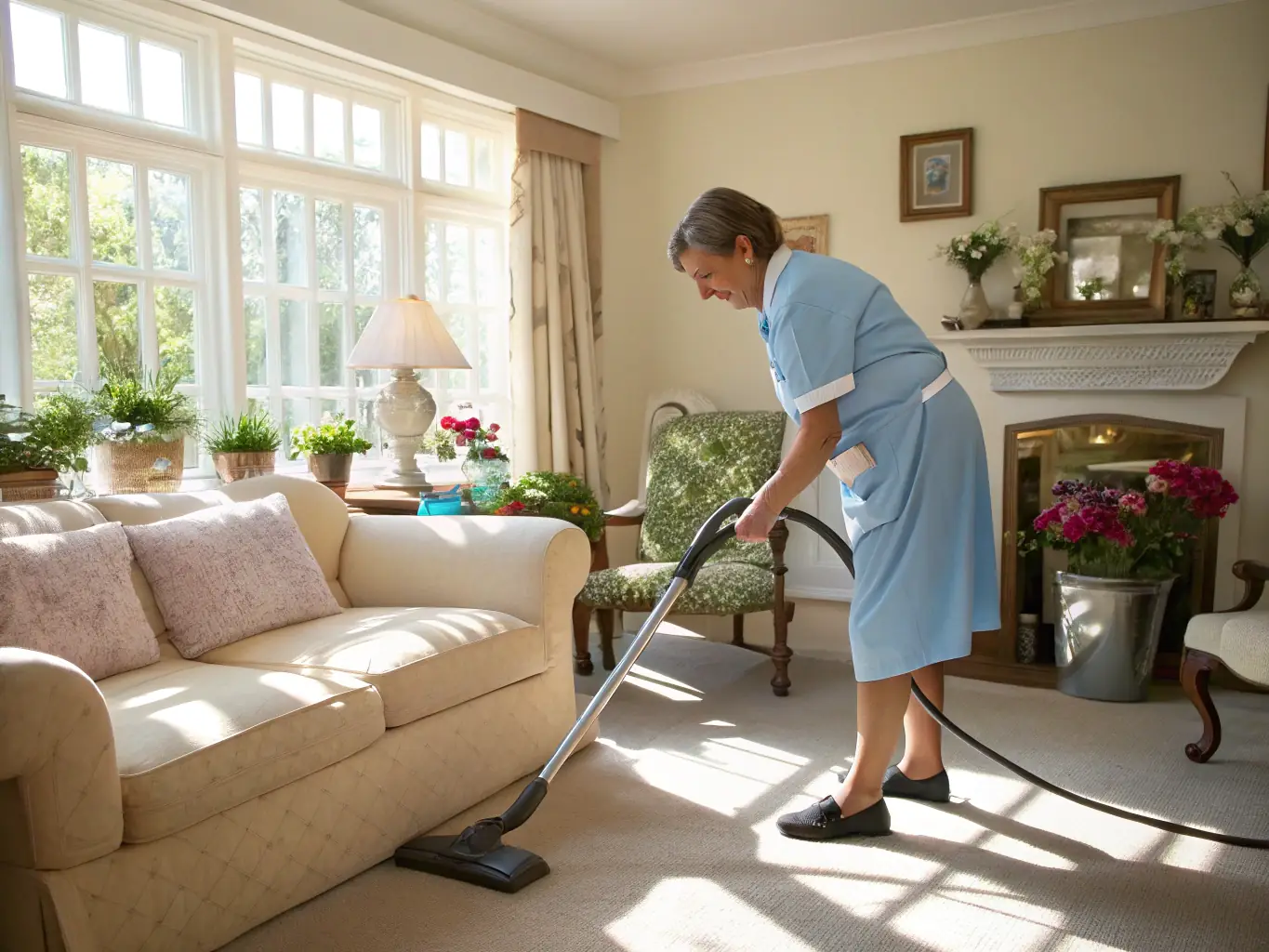 An image showing a property owner smiling and relaxed while looking at their property being professionally cleaned by HappyHosters staff.