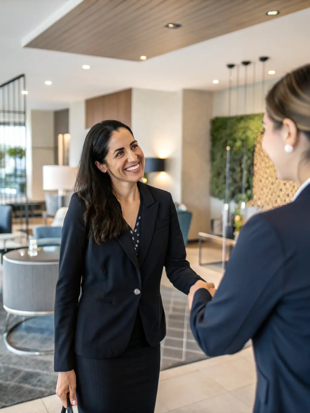 A friendly HappyHosters representative warmly greeting a guest at the front door of a well-maintained Toronto property.