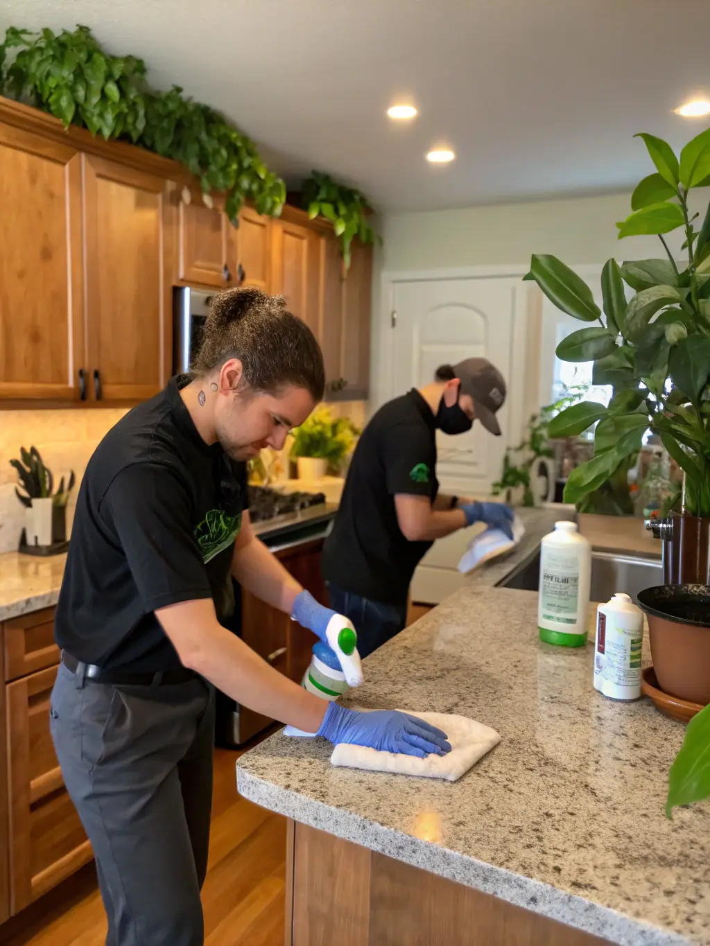A photo of a cleaning crew meticulously cleaning a kitchen in a short-term rental property, emphasizing the high standards of cleanliness.
