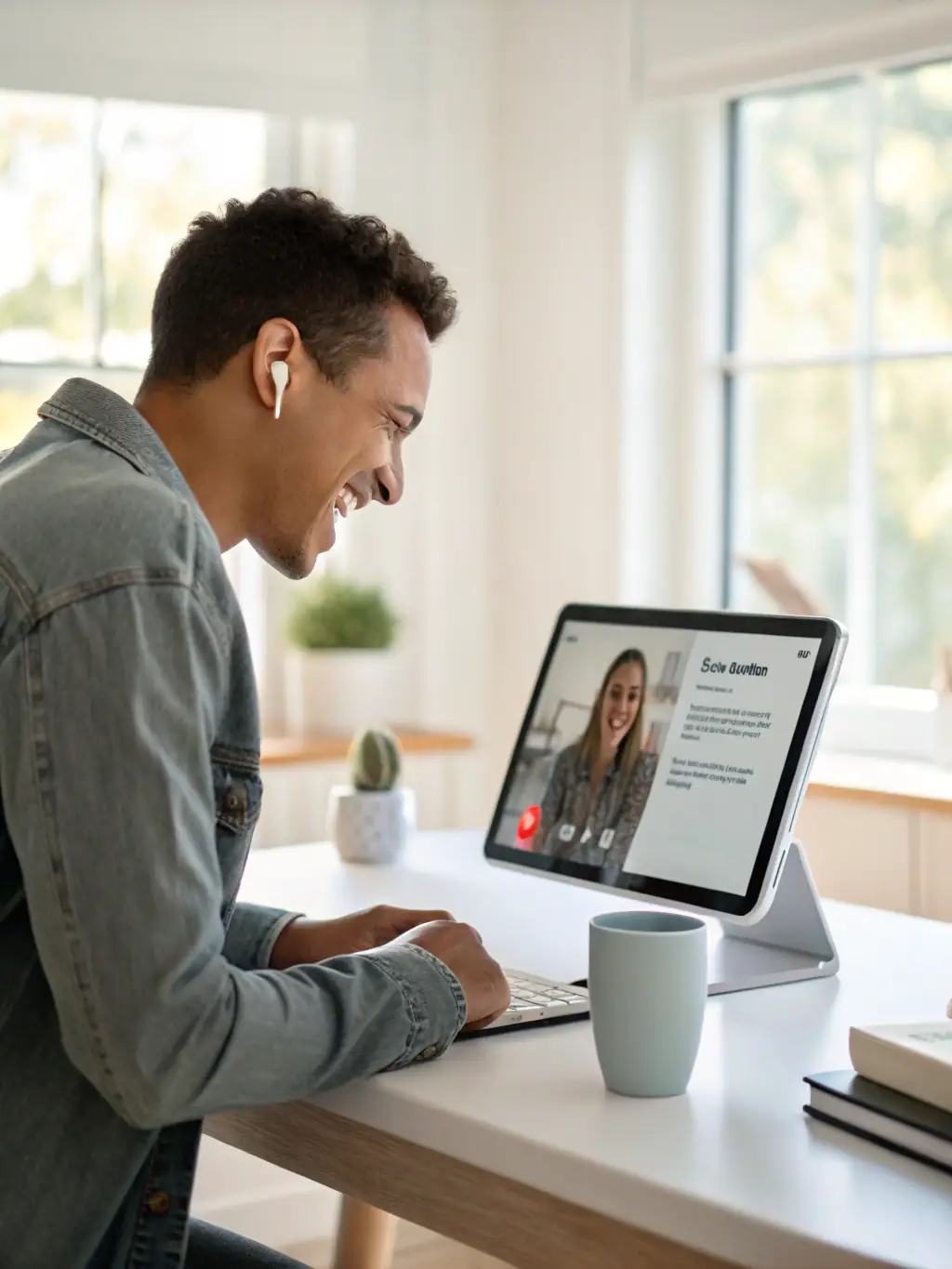 A friendly HappyHosters representative communicating with a guest via a messaging app on a tablet, showcasing proactive and responsive guest communication.