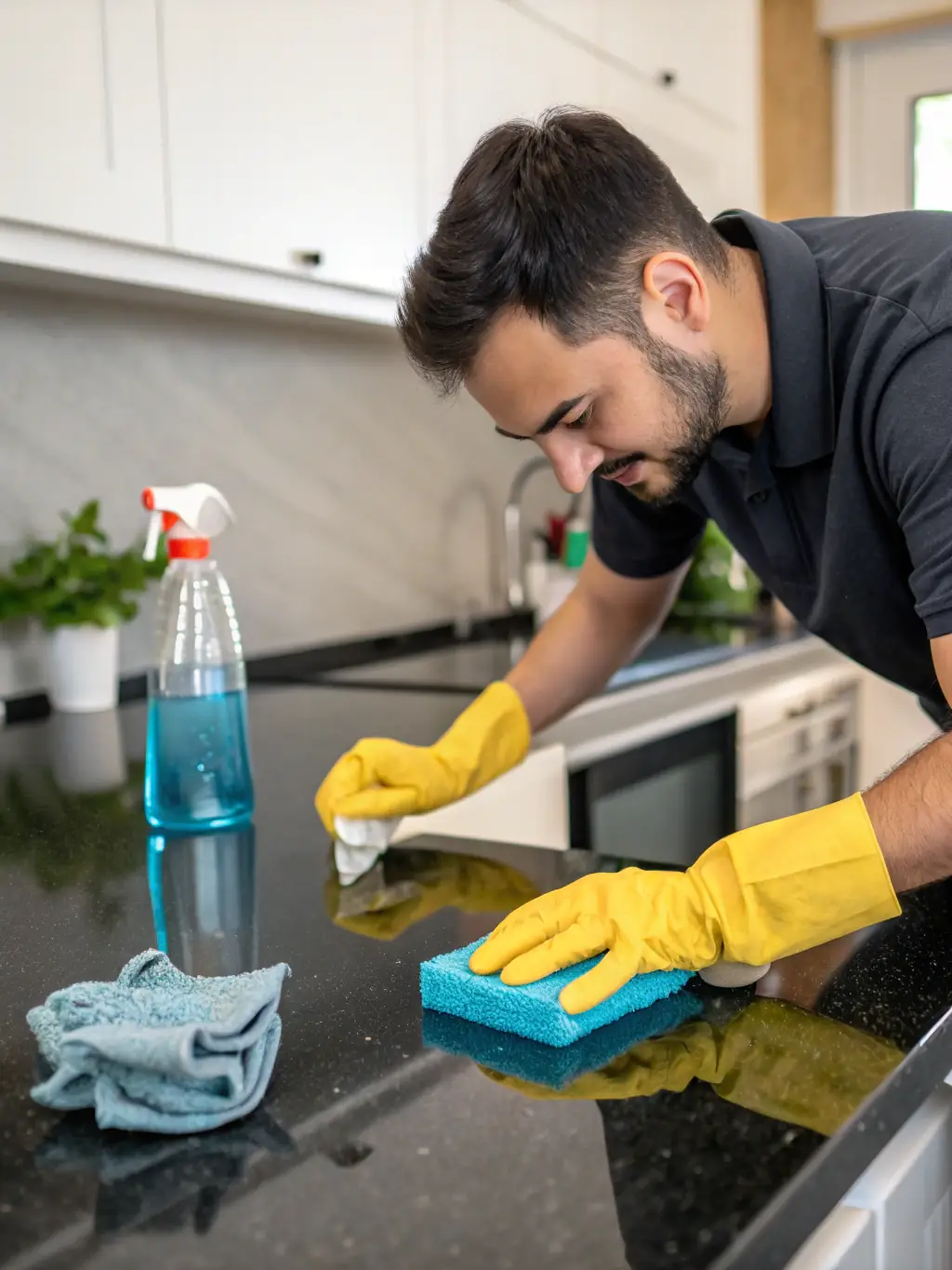 A cleaning crew meticulously cleaning a modern apartment in Toronto, emphasizing the high standards of cleanliness maintained by HappyHosters.