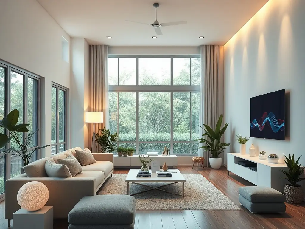 A smart home setup featuring synchronized lights, a smart thermostat, and a voice-controlled assistant.