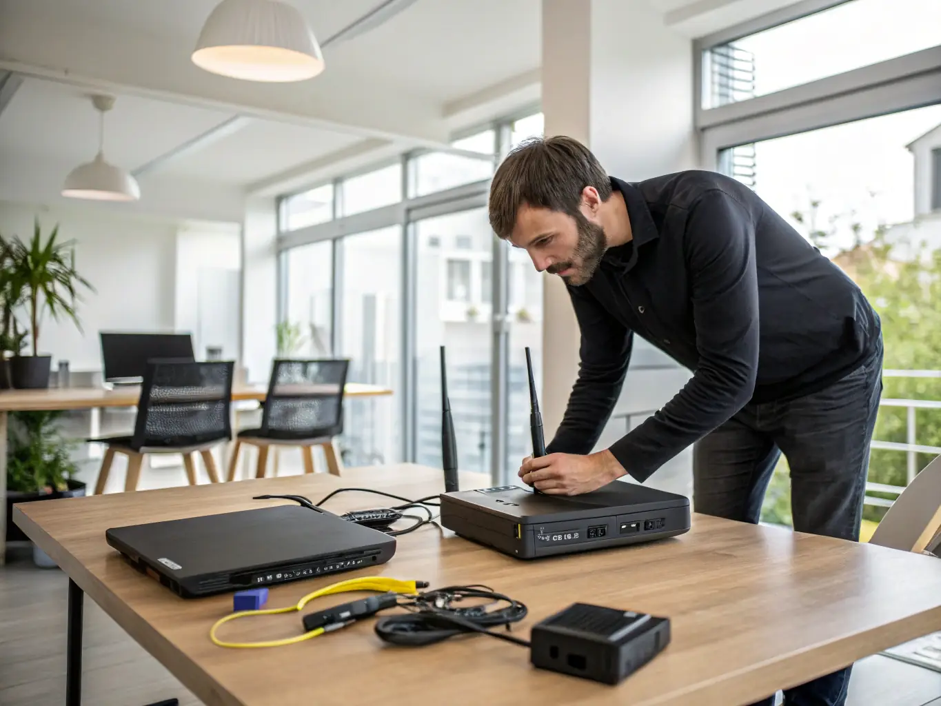 A technician optimizing a home WiFi network using a laptop, with a clear visual representation of signal strength.