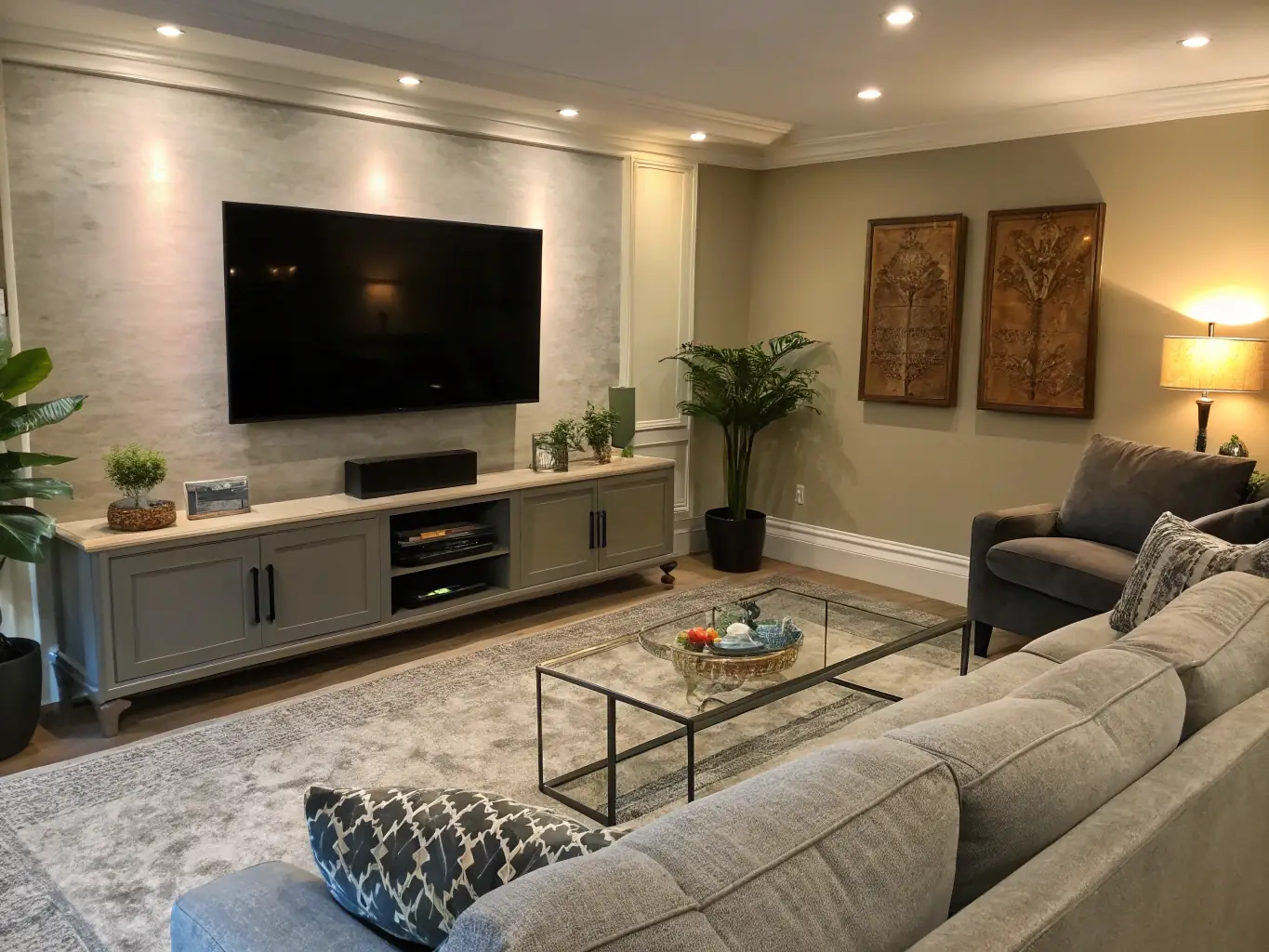 A professionally organized home entertainment center with neatly managed cables and a sleek, modern TV setup.